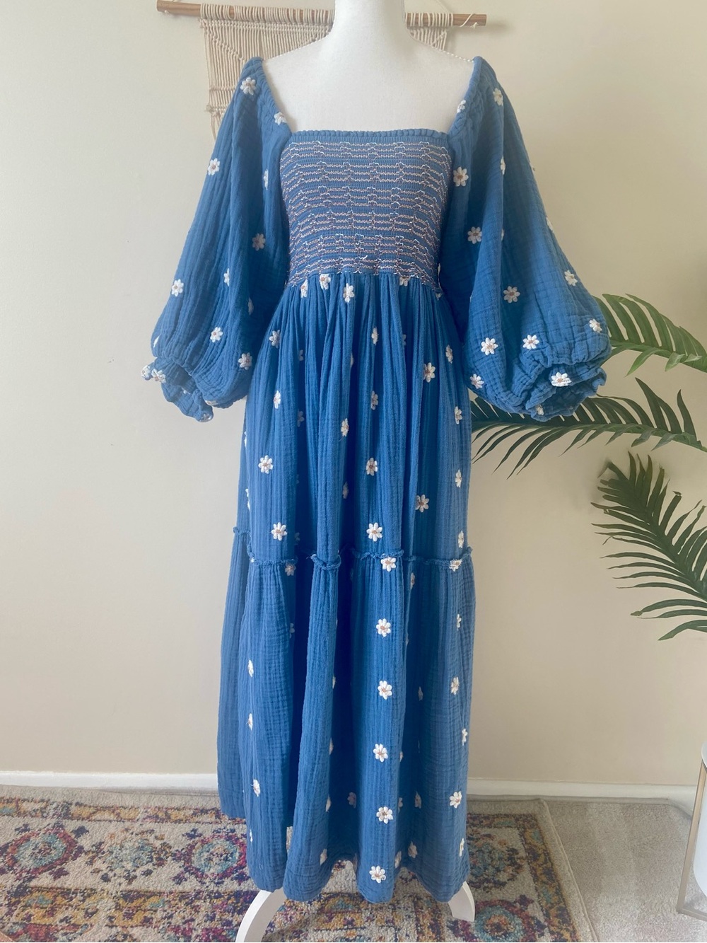 Free People Dahlia Embroidered Maxi Dress Blue Cotton Gauze Puff Sleeve S